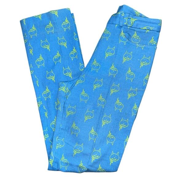Cynthia Rowley Vintage Women’s Size 2 Blue Yellow Cat Faces Trousers Pants - Picture 1 of 9